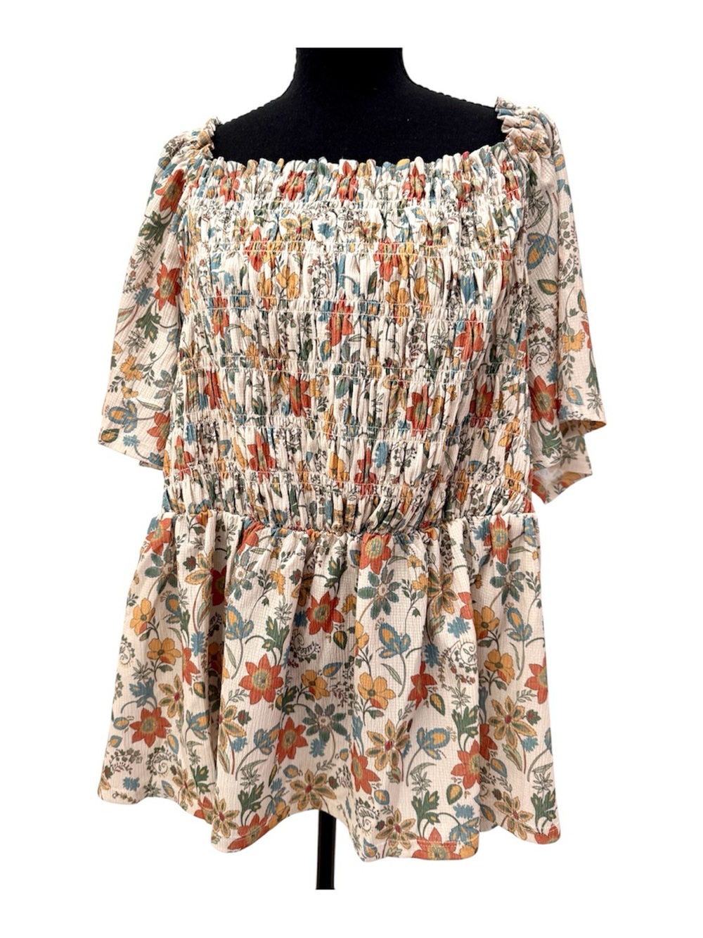 Chenault Floral Smocked Peplum Blouse in Cream, Rust & Teal